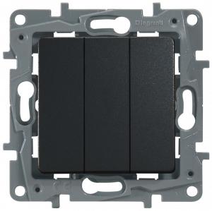 Выключатель 3-клавишный, 10А, авт. клем. Антрацит Legrand Etika