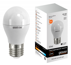Лампа светодиодная Gauss Elementary G45 E27 6W 3000K шар