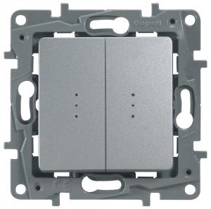 Переключатель 2-клавишный с подсветкой, 10А, авт. клем Алюминий Legrand Etika