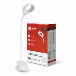 Светильник настольный светодиодный аккумуляторный на прищепке ССП 22Б 6Вт 480лм, сенсор-диммер, USB-каб БЕЛЫЙ IN HOME