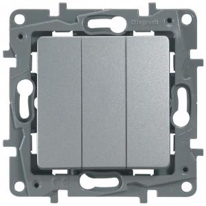 Выключатель 3-клавишный, 10А, авт. клем. Алюминий Legrand Etika