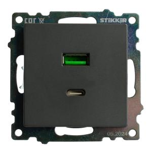 Розетка USB 2-м + type C 250В 3А max 20W С/У Графит Катрин