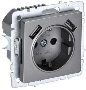 Розетка 1-м 16А С/У З/К со шторками+USB A+А 2.1А Сталь Brite
