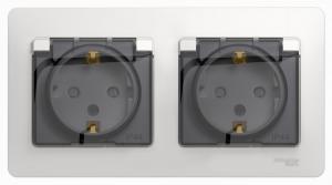 Розетка 2-м 16А С/У З/К со шторками с крышкой в сборе с рамкой IP44 Белый Glossa