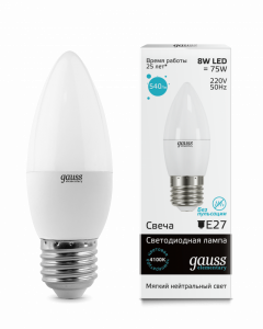 Лампа светодиодная Gauss Elementary Candle 8W E27 4100K 1/10/50