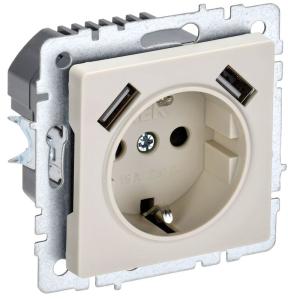 Розетка 1-м 16А С/У З/К со шторками+USB A+А 2.1А Бежевый Brite
